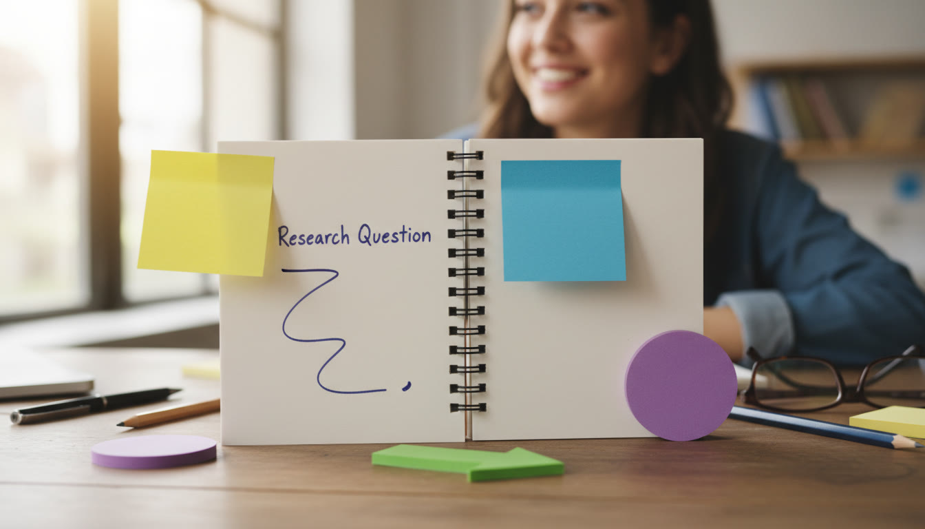 Photo Idea : Close-up of a notebook with a research question underlined, surrounded by sticky notes labeled 