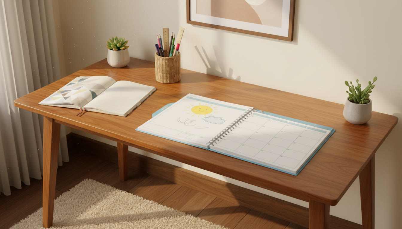 Photo Idea : A bright study desk with two open notebooks labeled ICSE and CBSE, a neat planner, and a pencil cup