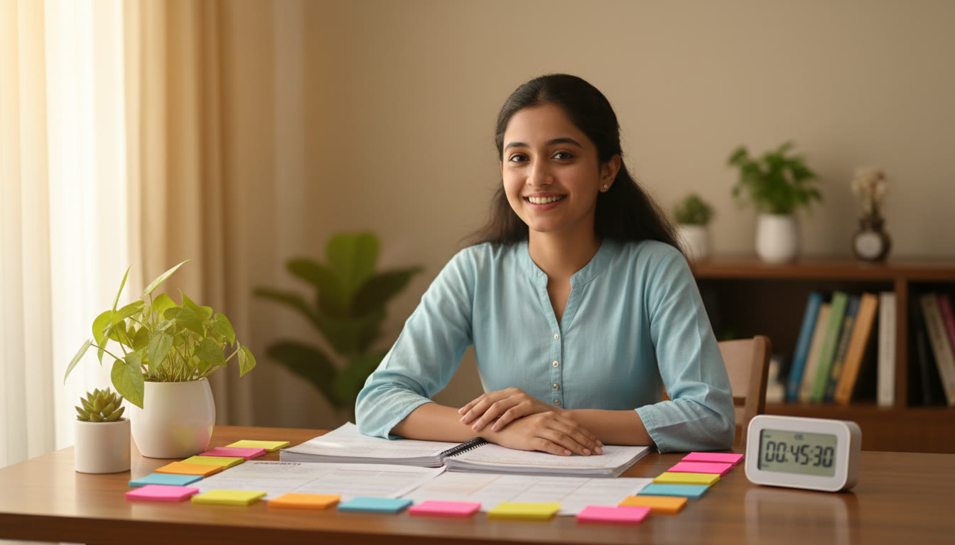 Photo Idea : Student at a desk surrounded by neatly arranged sample papers, a timer, and colorful sticky notes