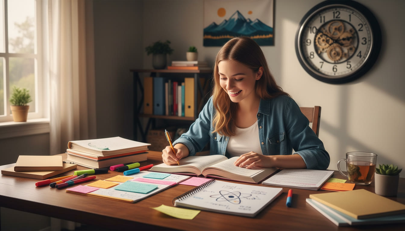 Photo Idea : A student at a desk surrounded by neatly organized notes and a clock showing focused time