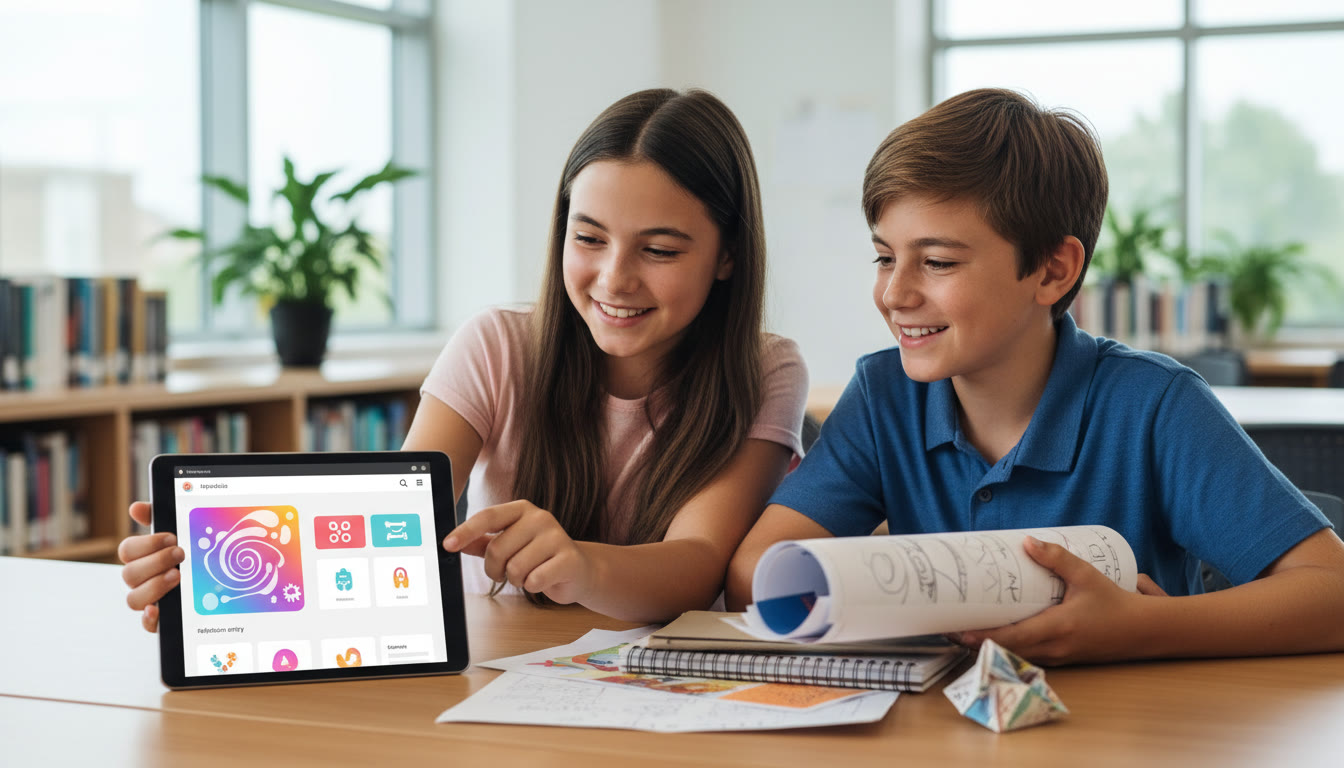 Photo Idea : A digital portfolio on a tablet with a student pointing to a reflection entry while another student holds printed artifacts