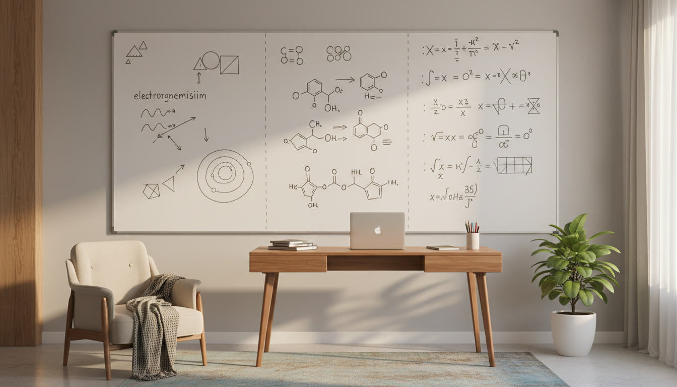 Photo Idea : A whiteboard with neat physics diagrams, chemistry reaction arrows, and math formulas grouped by topic