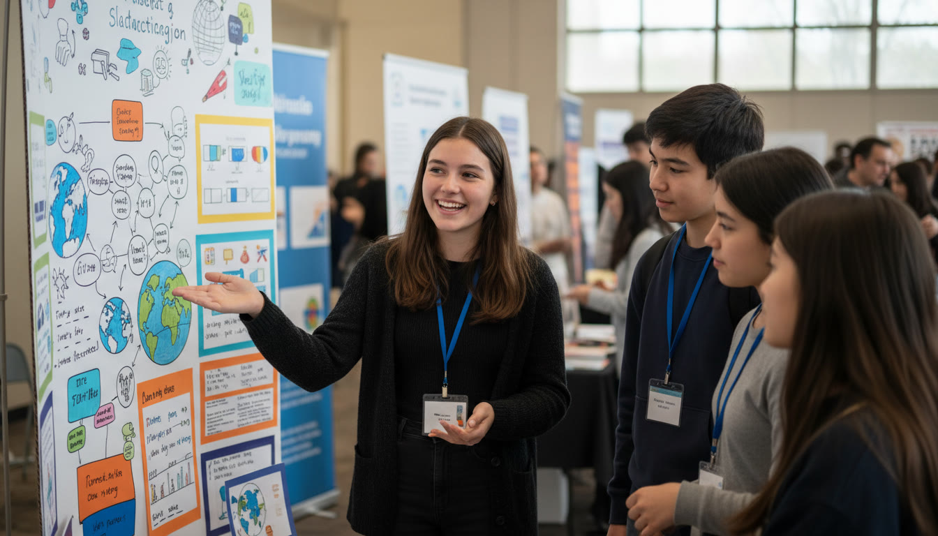 Photo Idea : A student presenting a poster at a school fair with a small group of listeners