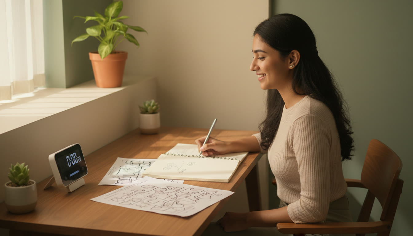 Photo Idea : Student at a tidy desk with a timer, open notebook, and a printed mock test paper