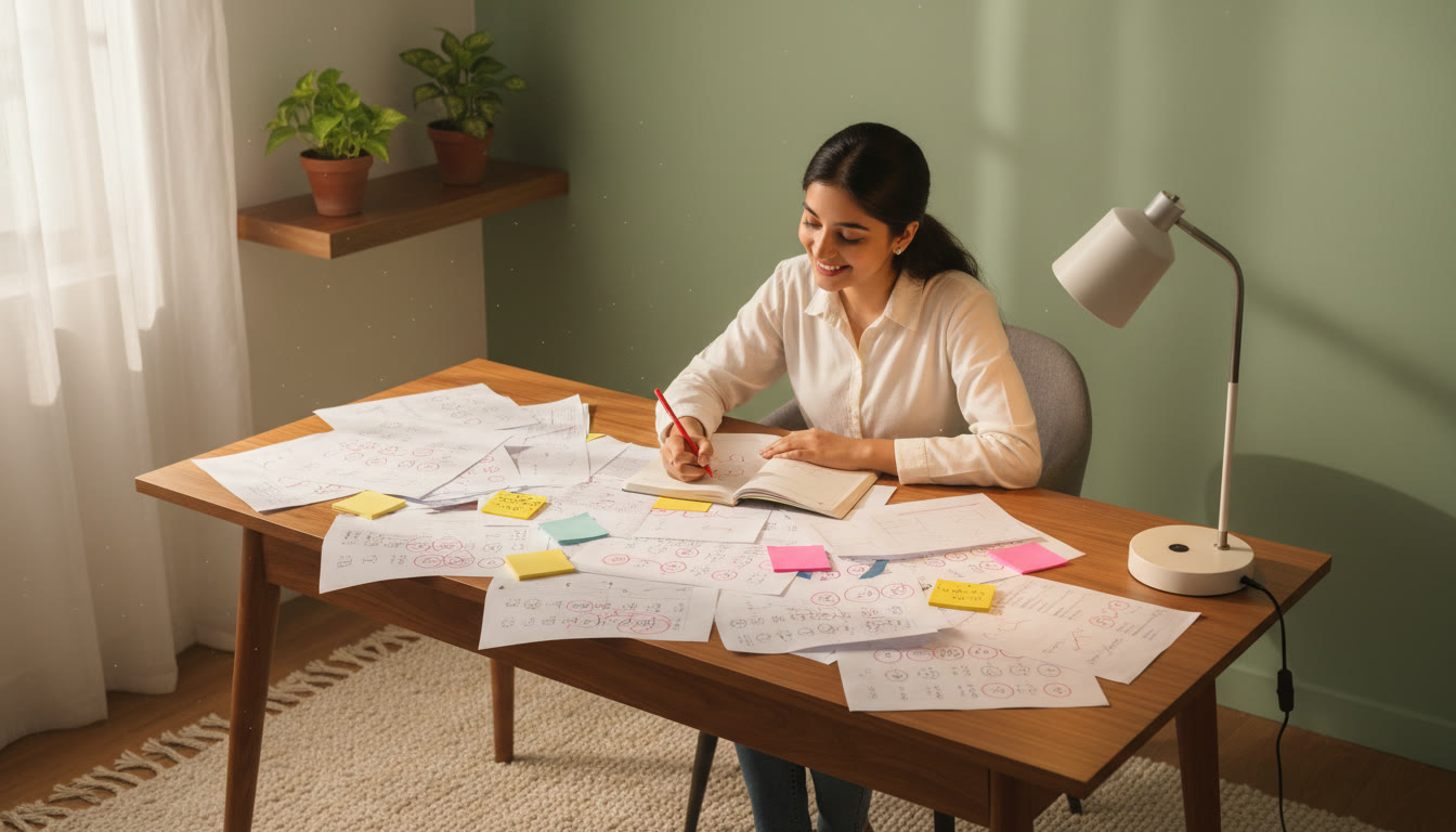Photo Idea : Student at a desk, spread of mock test printouts and colored sticky notes, marking trends on a notebook