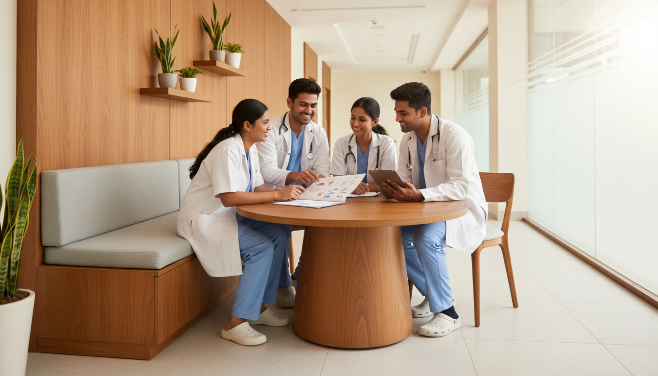 Photo Idea : A small group discussion between young doctors around a patient chart in a hospital corridor