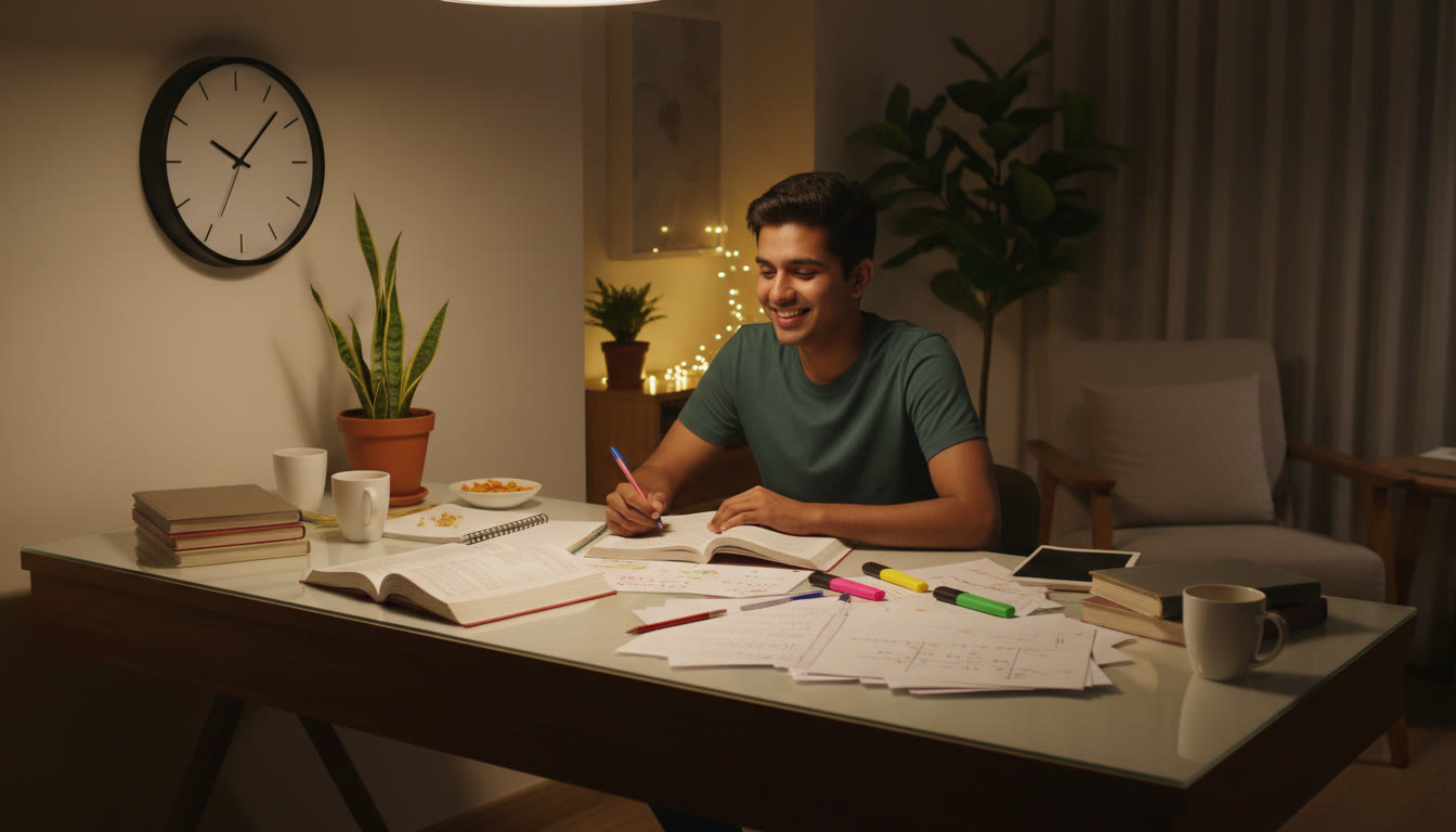 Photo Idea : Student at a study desk with scattered notebooks and a visible clock showing late-night study