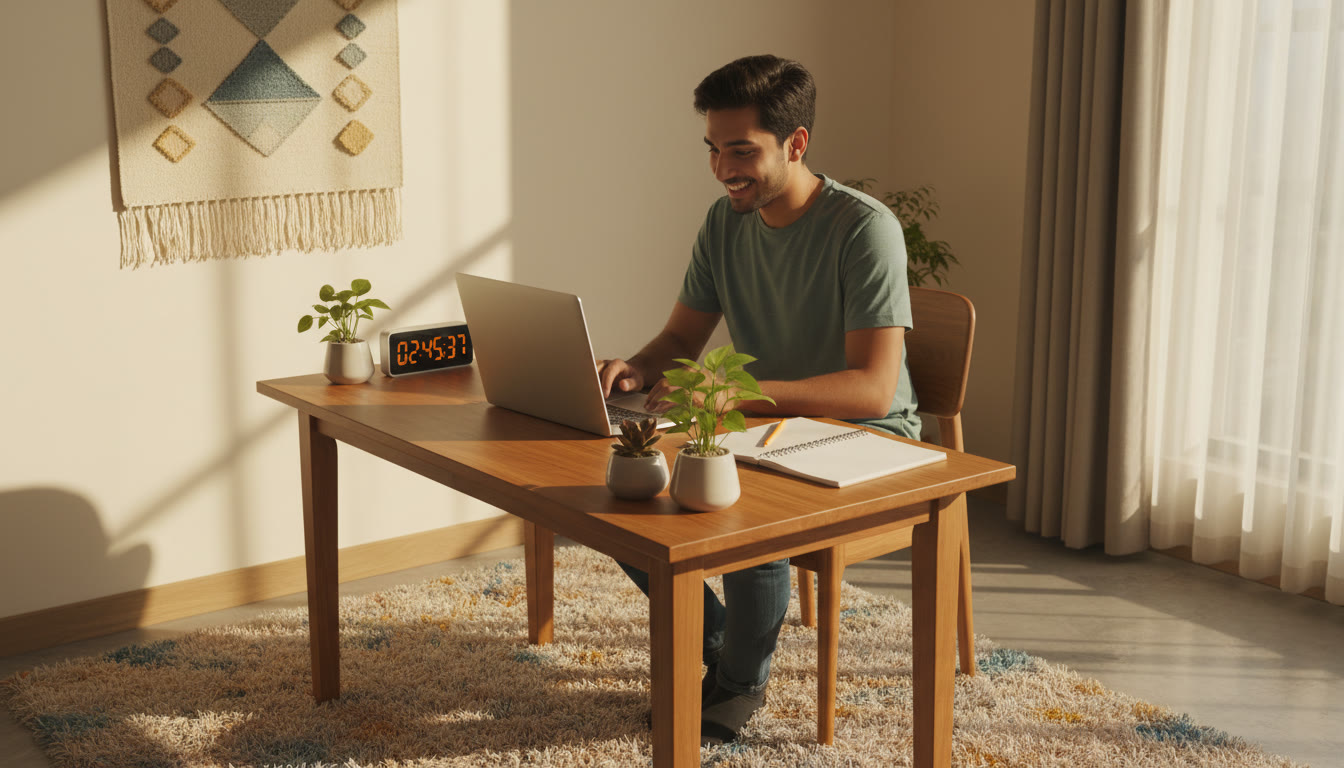 Photo Idea : A focused student taking a full-length mock test on a laptop with a timer and notebook beside them