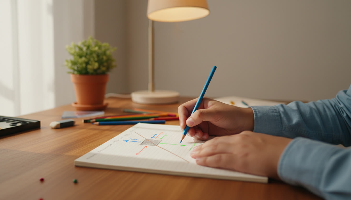 Photo Idea : A close-up of a student’s hands drawing a labeled free-body diagram with coloured pencils
