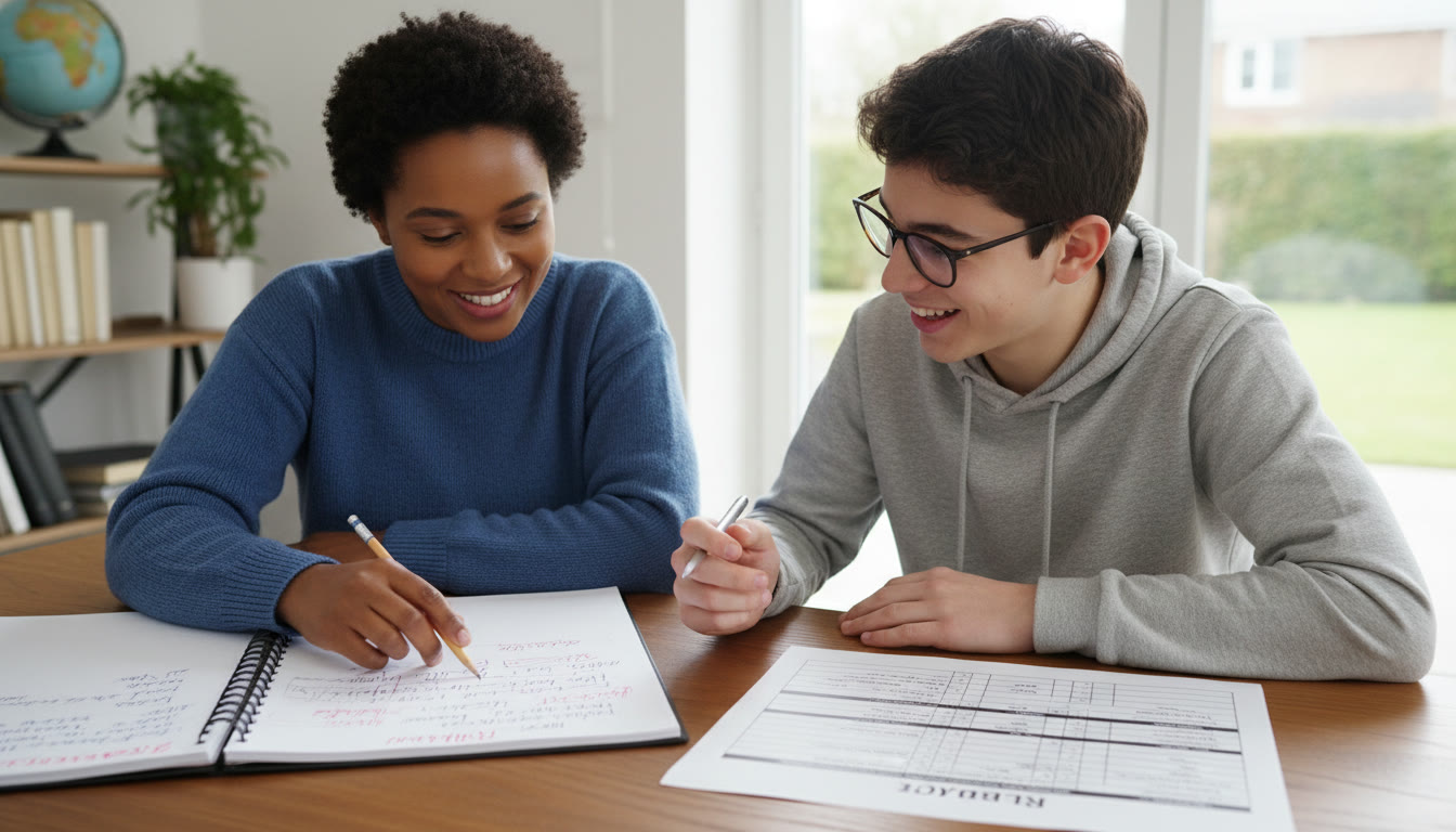 Photo Idea : A tutor and student reviewing a marked script together, pointing at a rubric