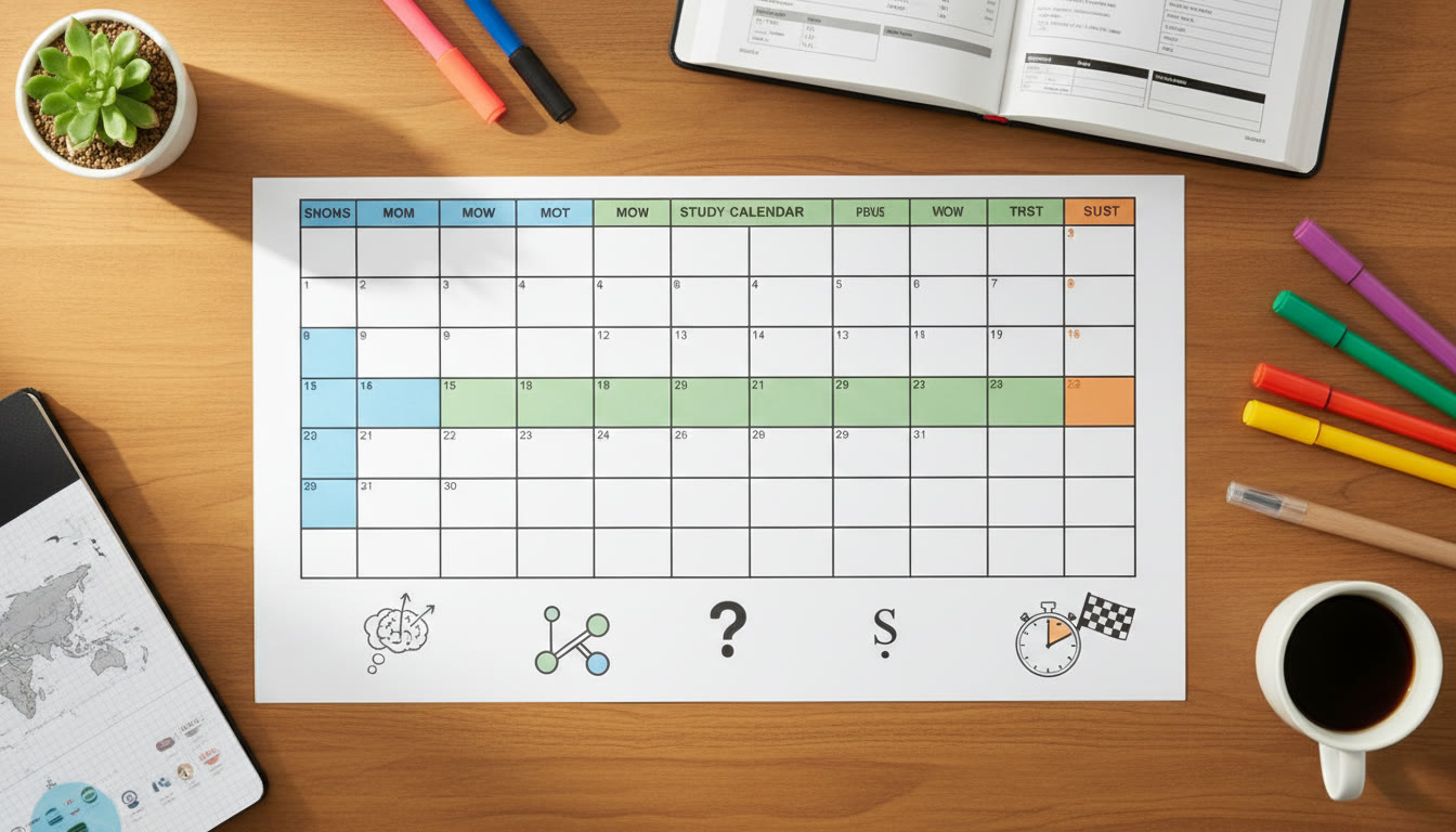 Photo Idea : Overhead of a study calendar laid out on a desk with labeled slots for SAQ drills, ERQ practice, and mock exams