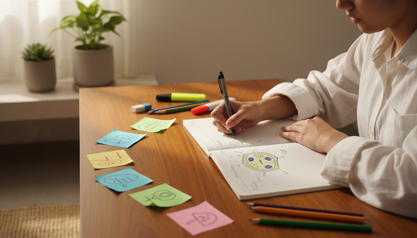 Photo Idea : Close-up of a student drawing a biology diagram with colorful notes around