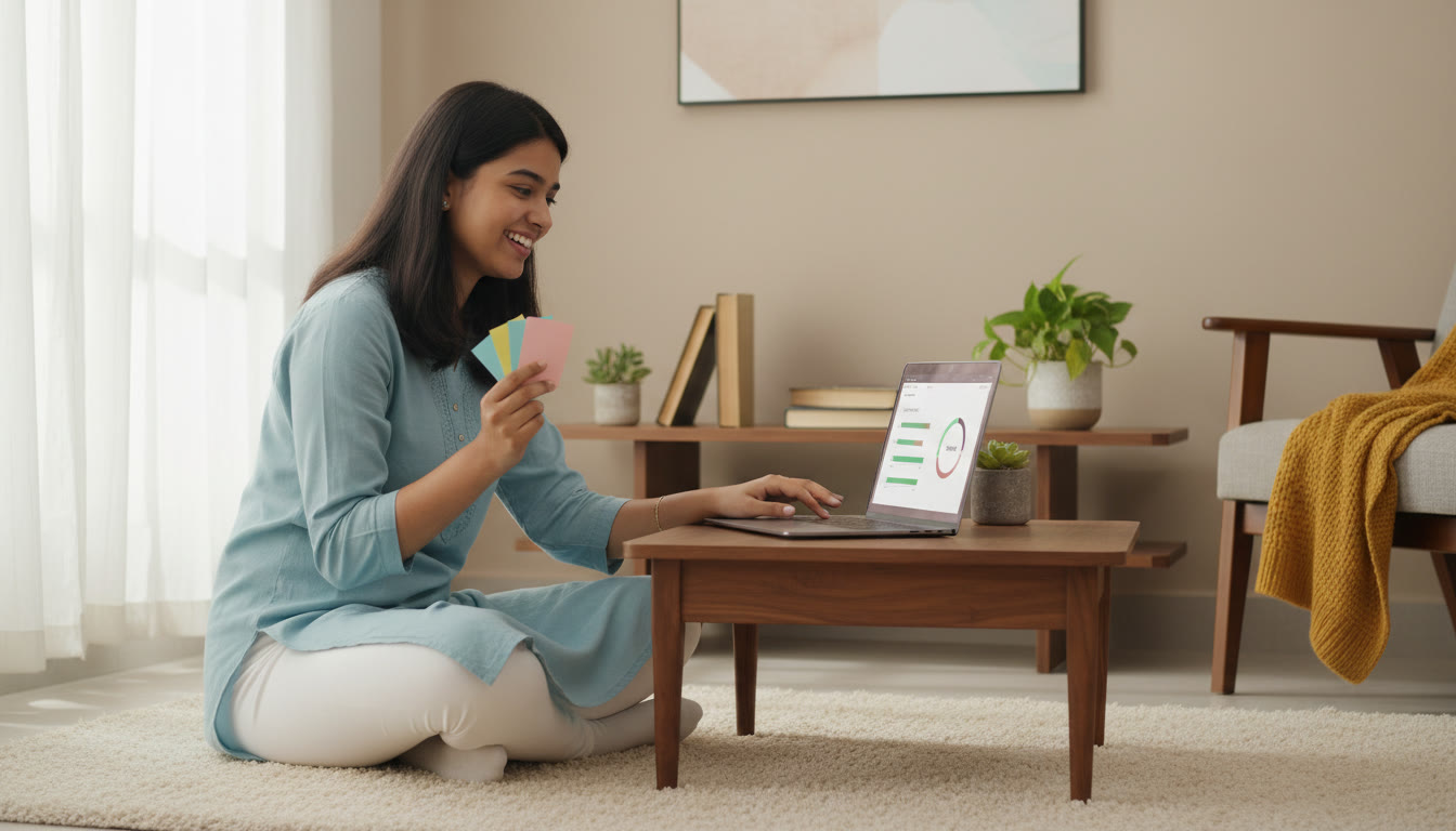 Photo Idea : A student revising with flashcards and a laptop showing a timed mock test interface