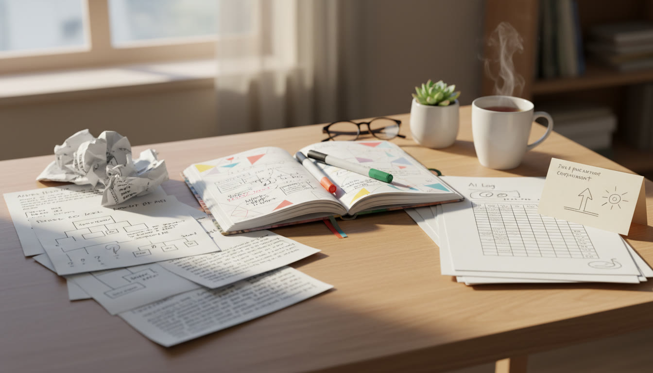 Photo Idea : A close-up of an Extended Essay desk: notebook, annotated drafts, printed AI log and a supervisor’s comment on the side