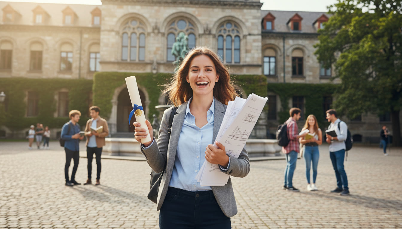 Photo Idea : Student with an IB diploma and engineering sketches standing in front of a European campus building