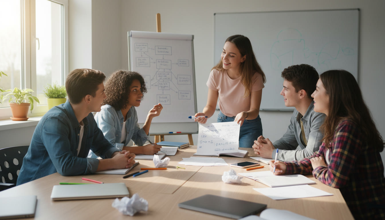 Photo Idea : Student leading a small study group in a bright classroom, engaged faces and visible notes