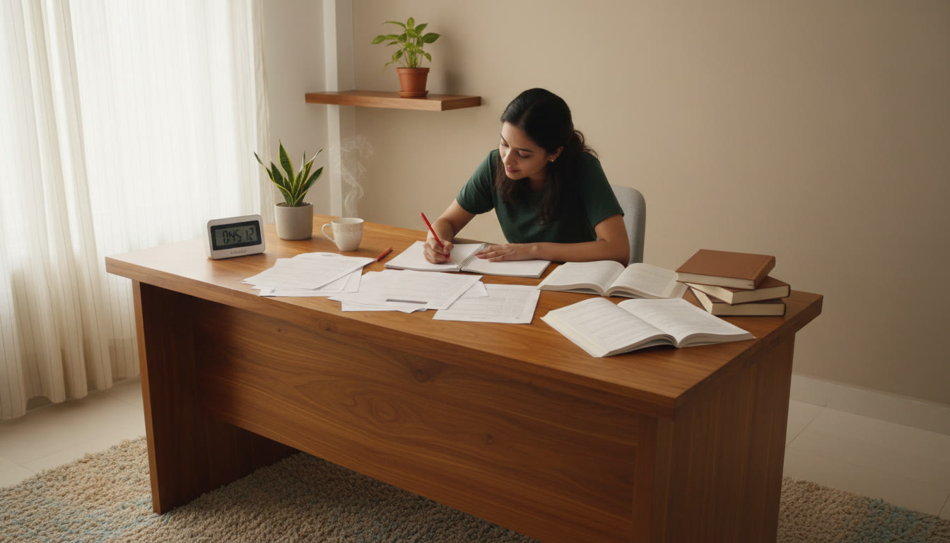 Photo Idea : A focused student at a desk with scattered test papers, a timer, and a cup of tea, marking notes in a red pen