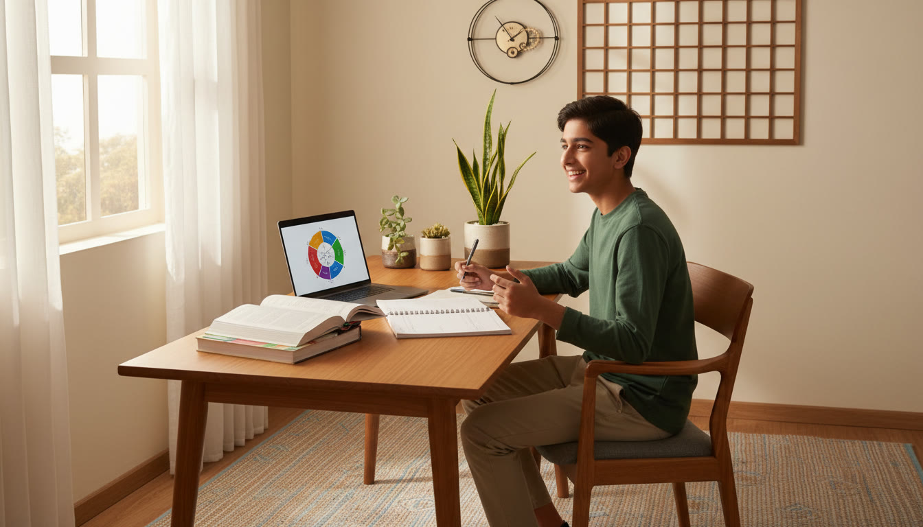 Photo Idea : Student at a tidy desk with open textbooks and a laptop, a visible calendar and clock, looking focused and planning.