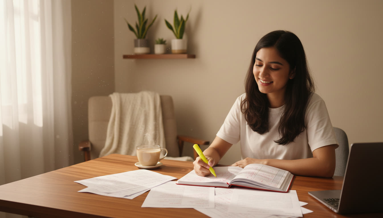 Photo Idea : Student analyzing marked mock test pages with a highlighter and error log notebook