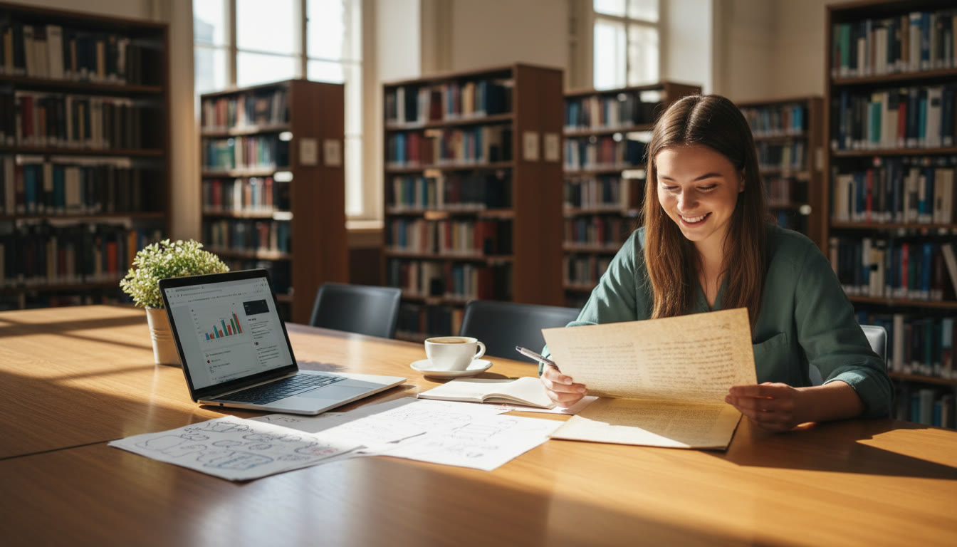 Photo Idea : Student in a library reading a primary-source document with notes and a laptop