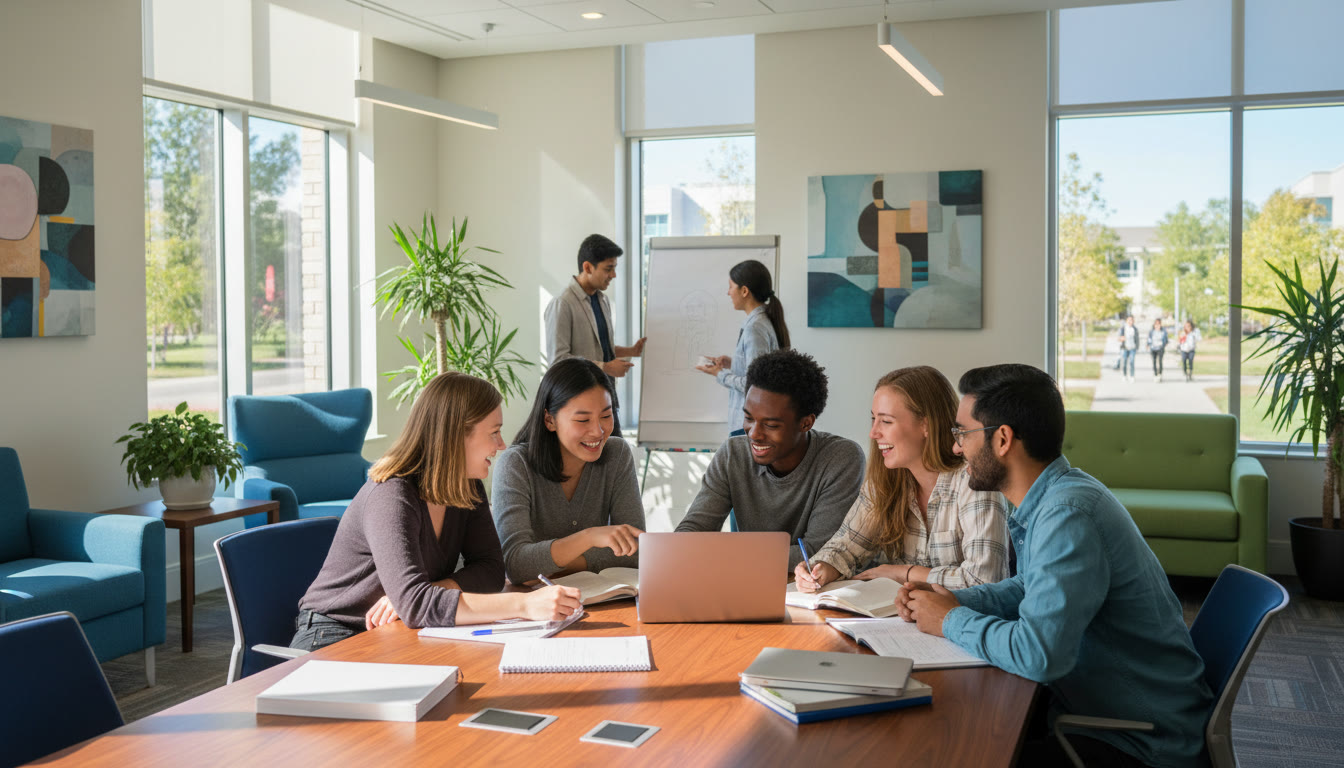 Photo Idea : A diverse group of IB students collaborating in a bright campus common room