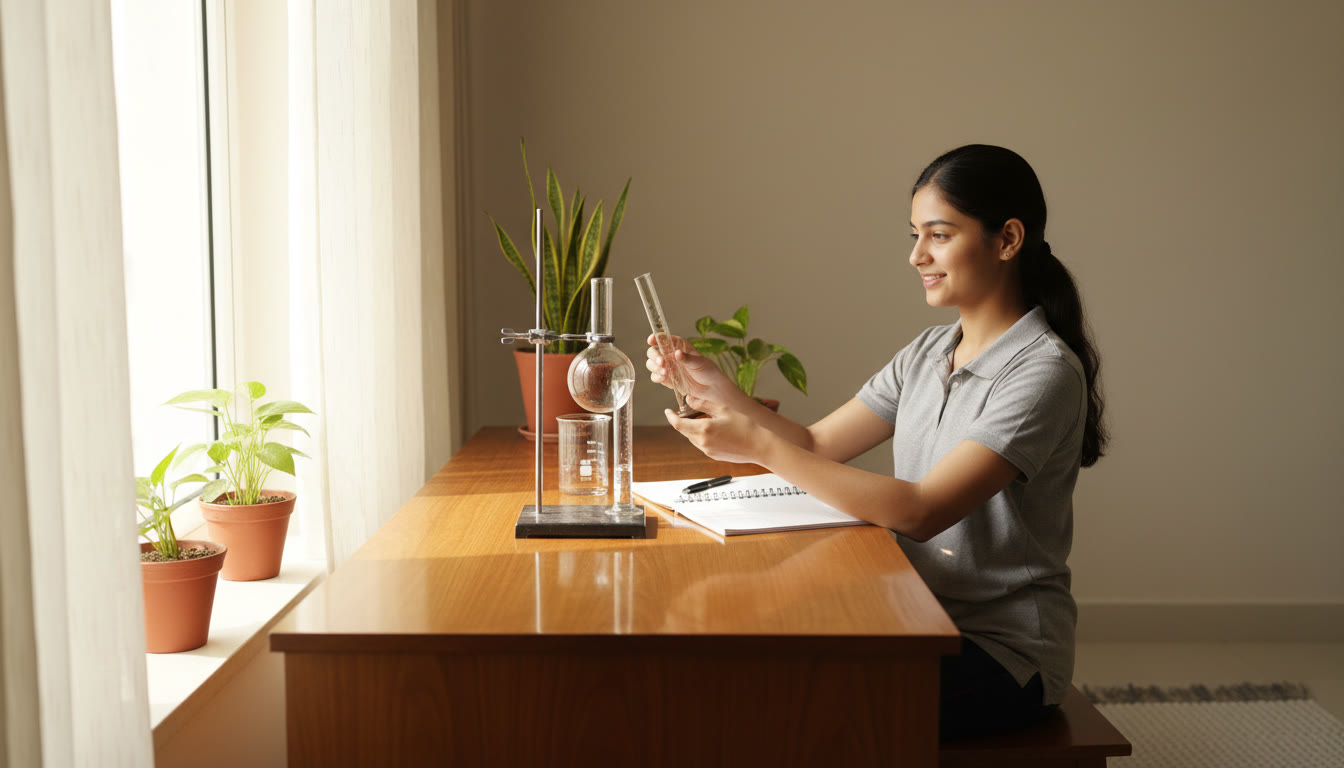 Photo Idea : student neatly arranging laboratory apparatus and a notebook on a clean desk with natural light