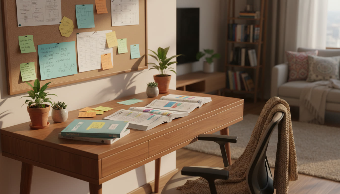 Photo Idea : Student’s study desk with NCERT textbooks open and colorful coaching notes spread around