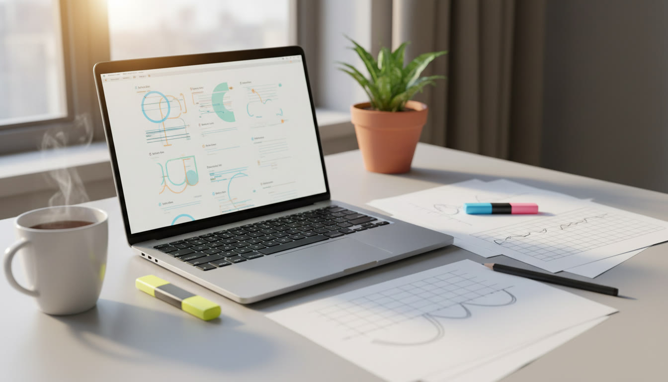 Photo Idea : a neat desk with printed data tables, graph sketches, and a laptop showing an annotated bibliography
