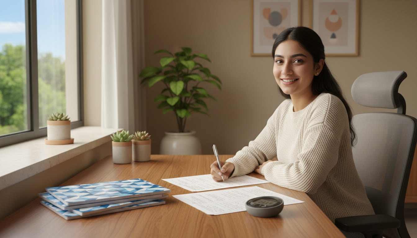 Photo Idea : Student at a tidy desk with ICSE notebooks on one side and timed mock test sheets and a stopwatch on the other