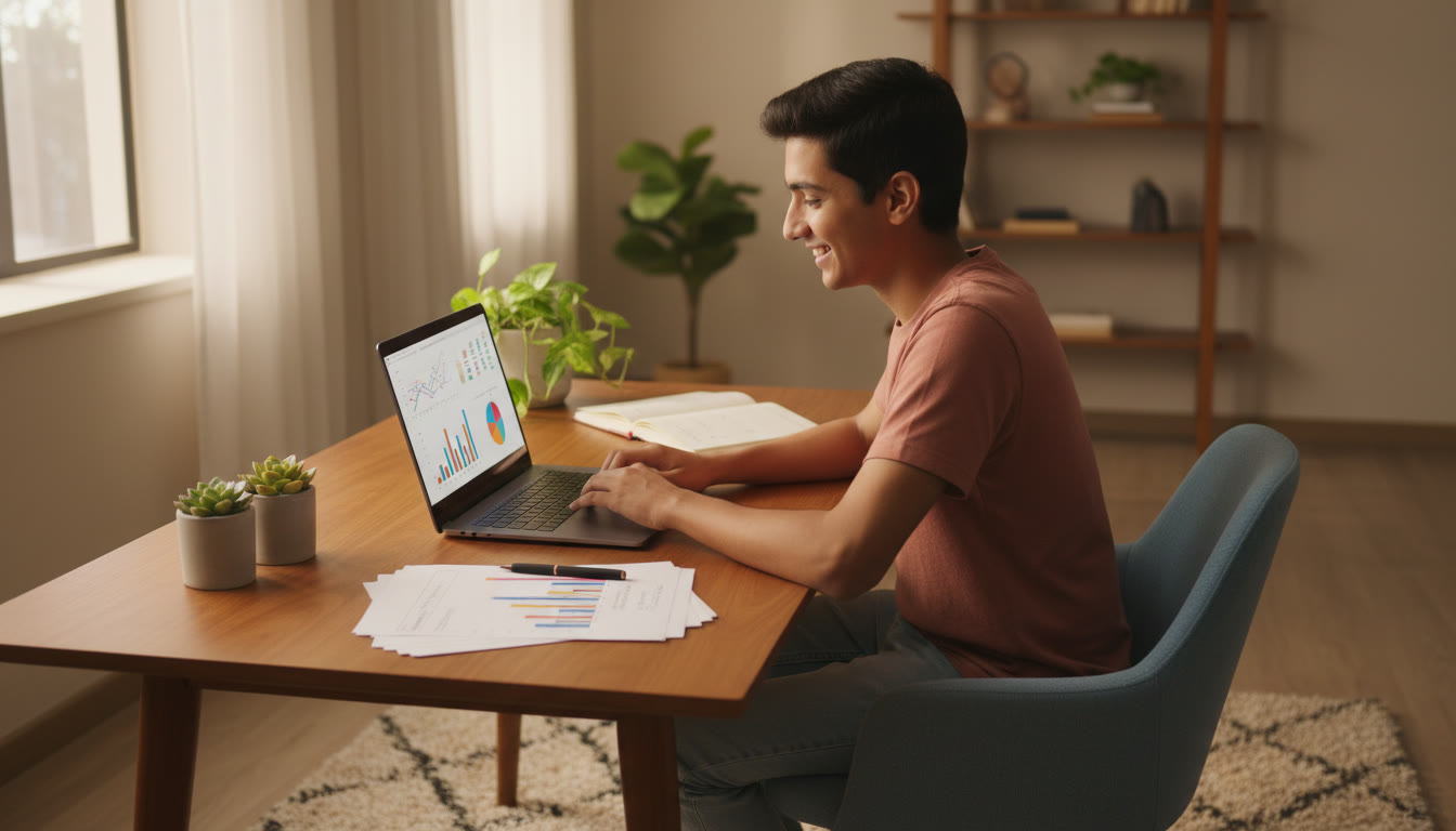 Photo Idea : A student taking a timed mock test on a laptop with a printed error log beside them