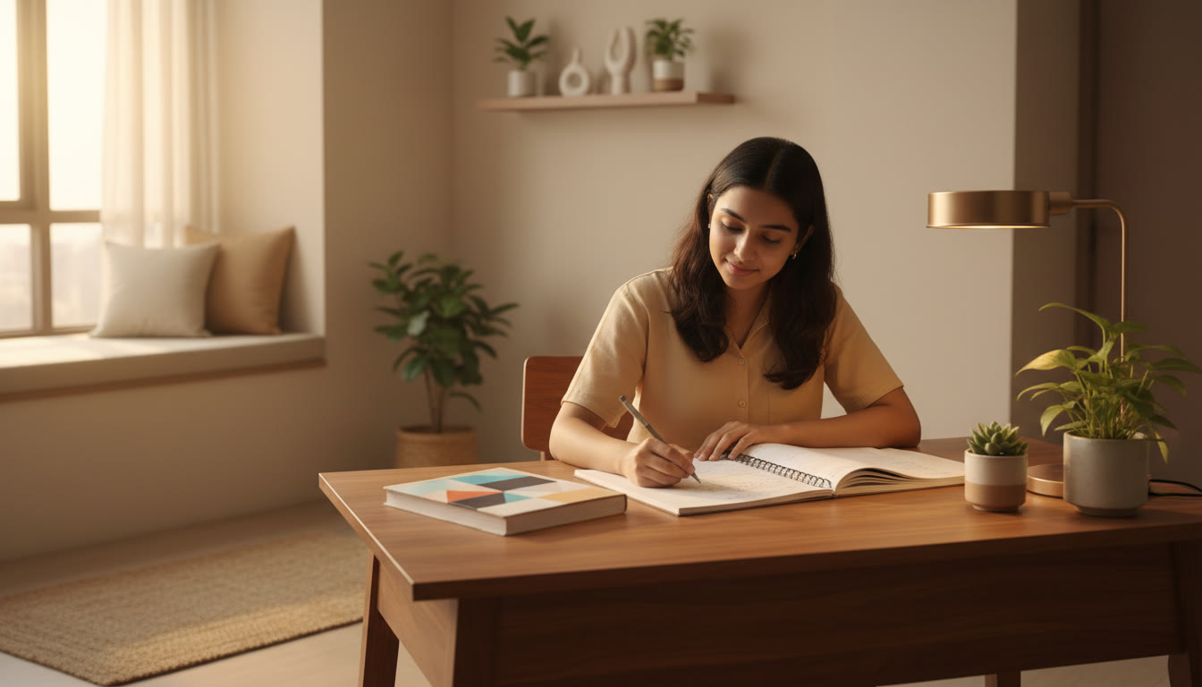 Photo Idea : Student focused at a tidy desk with an open ISC textbook, notebook, and a simple desk lamp