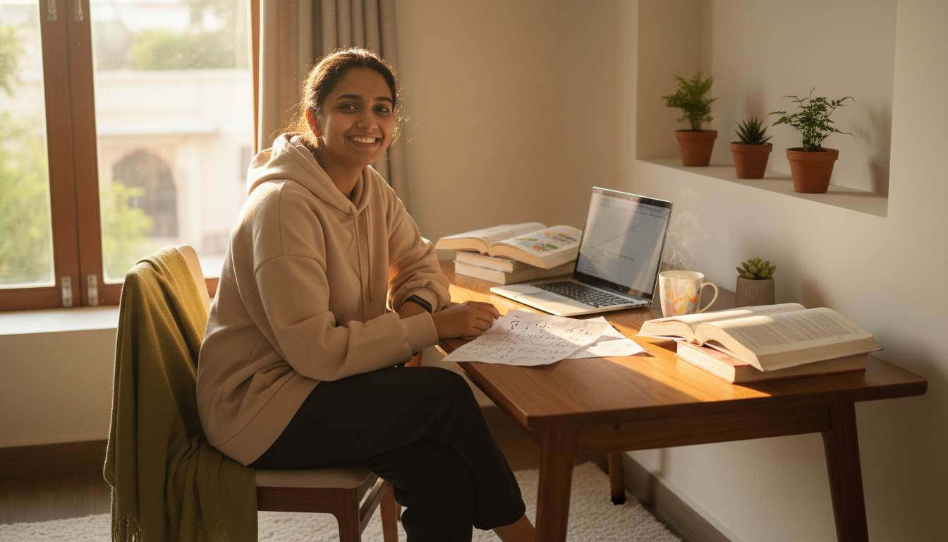 Photo Idea : Student at a study desk with schoolbooks, a laptop, and a printed mock test sheet