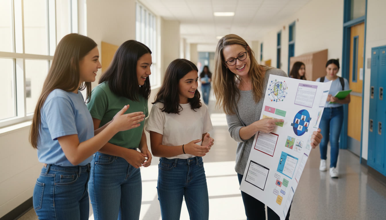 Photo Idea : A small group of students presenting a project poster to a teacher in a bright school corridor
