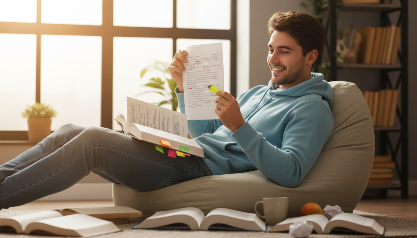 Photo Idea : a student reviewing a typed draft while highlighting notes and balancing a textbook for study