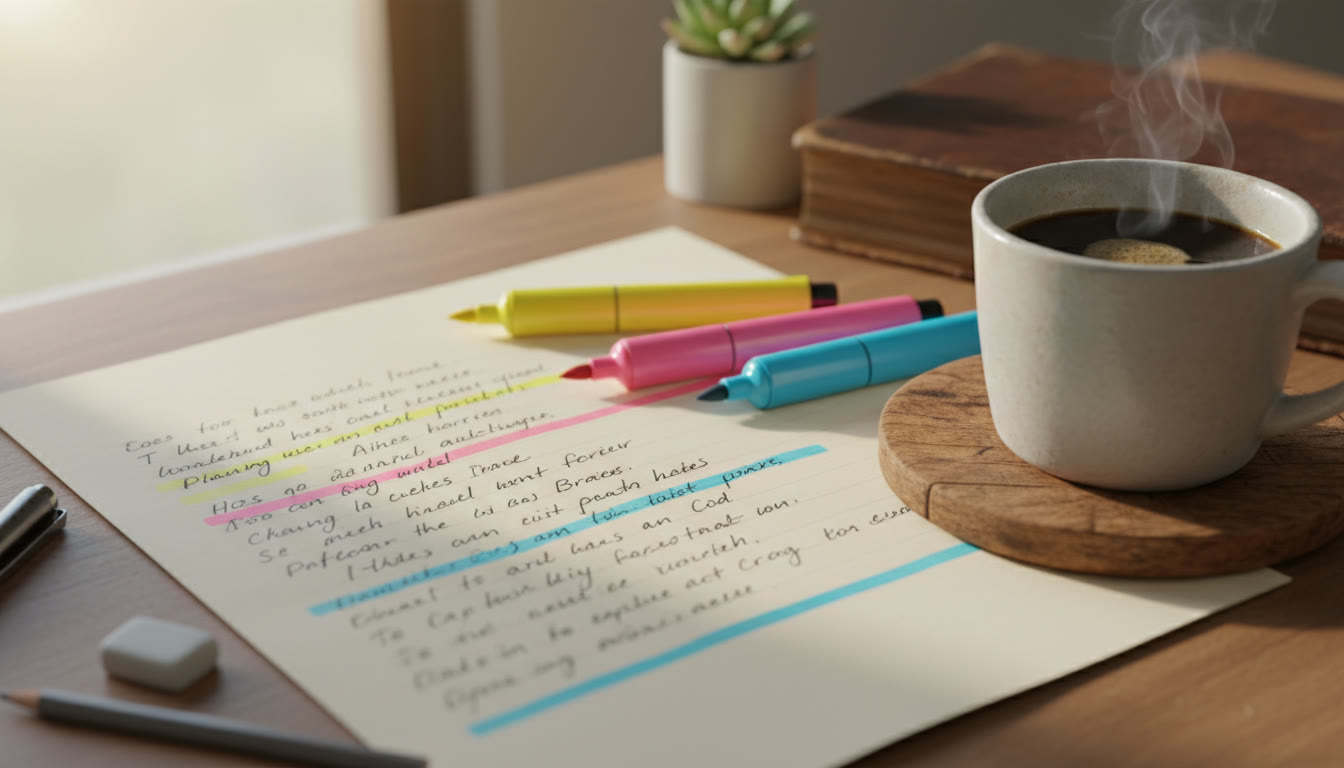 Photo Idea : Close-up of a handwritten paragraph draft with highlighters and a coffee cup