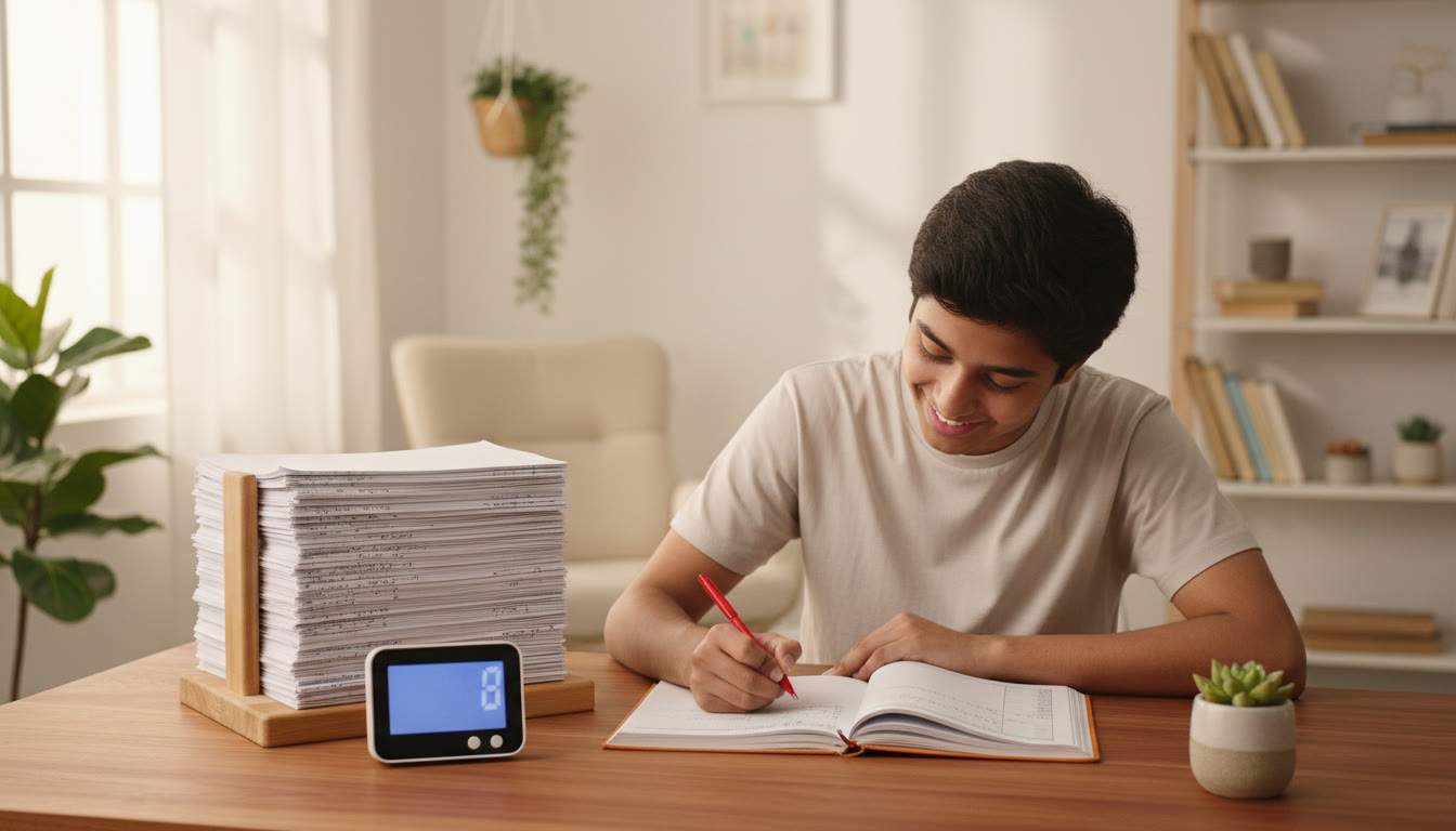 Photo Idea : a student marking an error log beside a stack of solved practice sheets and a digital timer