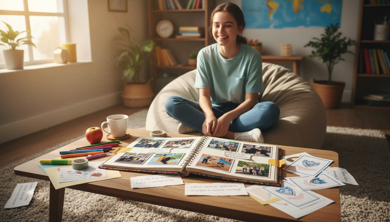 Photo Idea : Student curating a CAS scrapbook with photos, certificates, and handwritten reflections