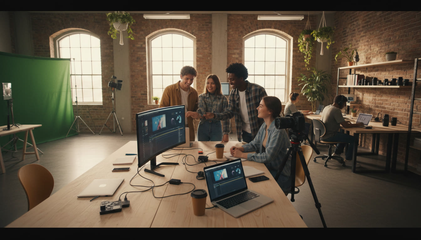 Photo Idea : Students collaborating on a multimedia project in a bright studio with cameras and laptops