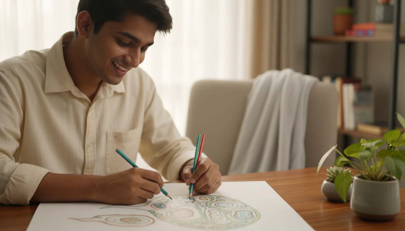 Photo Idea : A close-up of a student sketching a biology diagram with colored pencils and concise labels