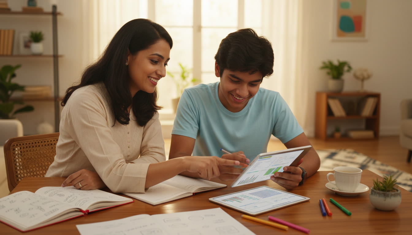 Photo Idea : A tutor and student reviewing a mock test together, pointing at an error log on a tablet