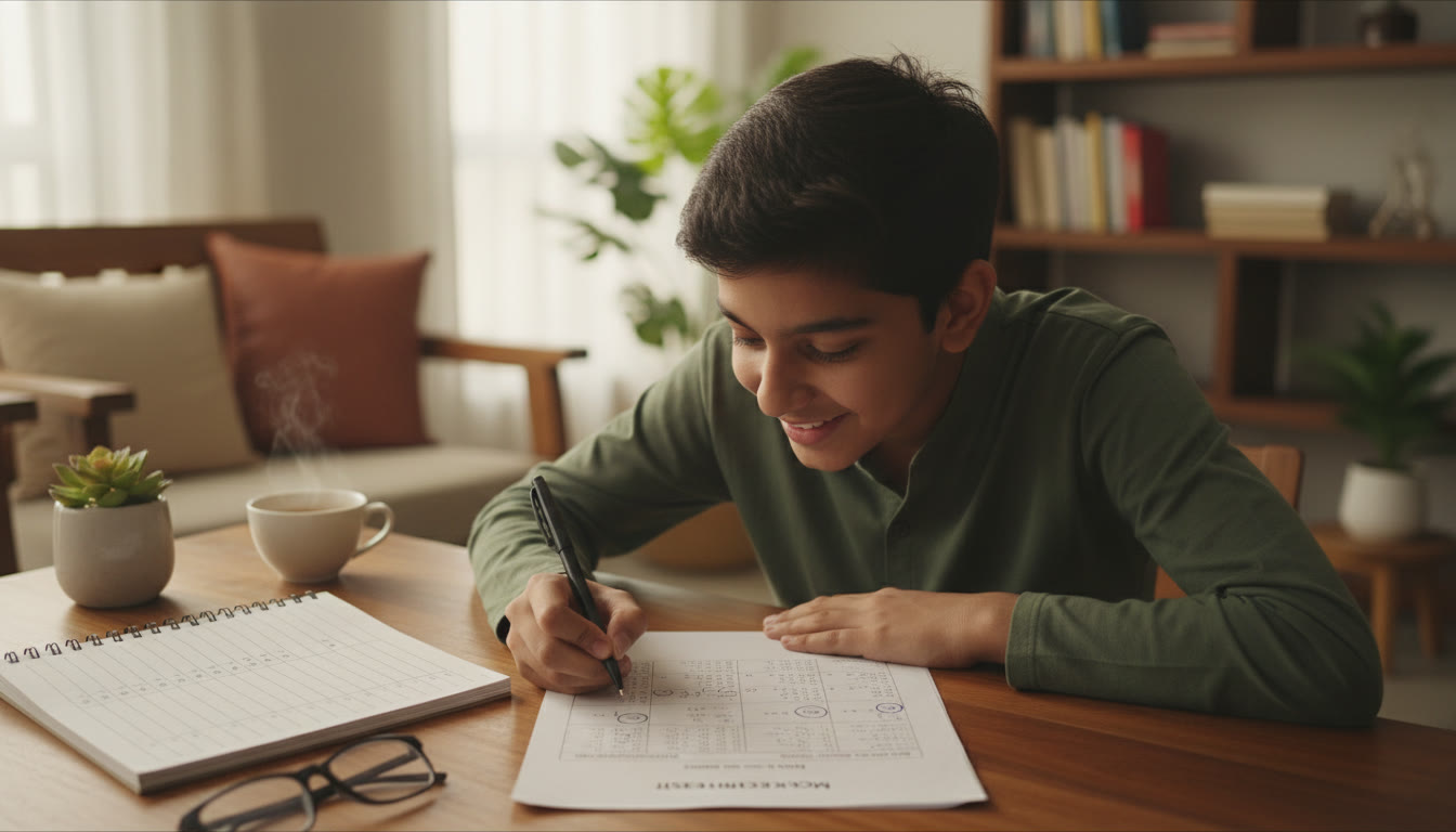 Photo Idea : Close-up of a student analysing a mock test paper with a pen, tallying mistakes on a notebook