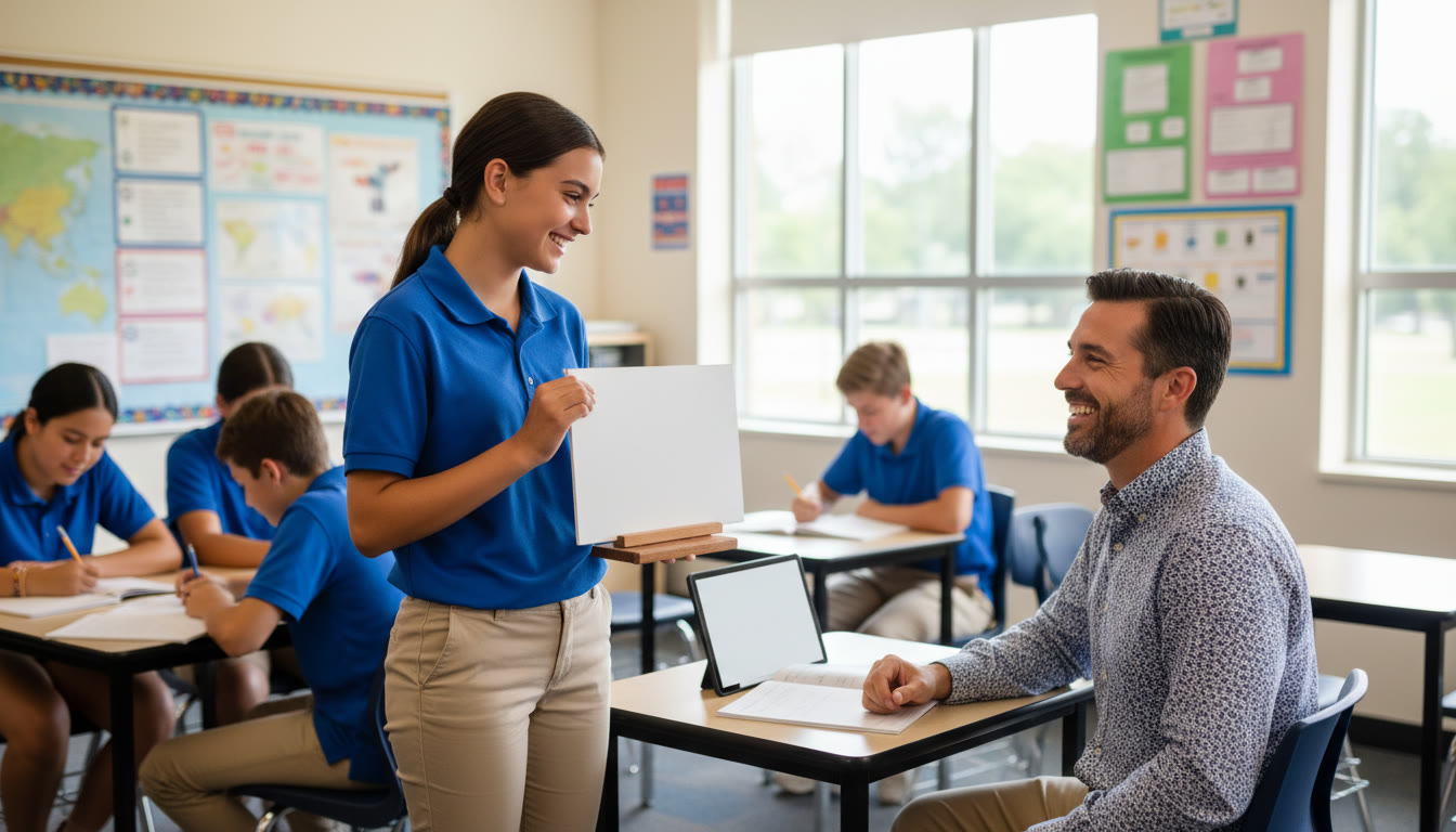 Photo Idea : A student presenting a small museum label board to a teacher in a classroom