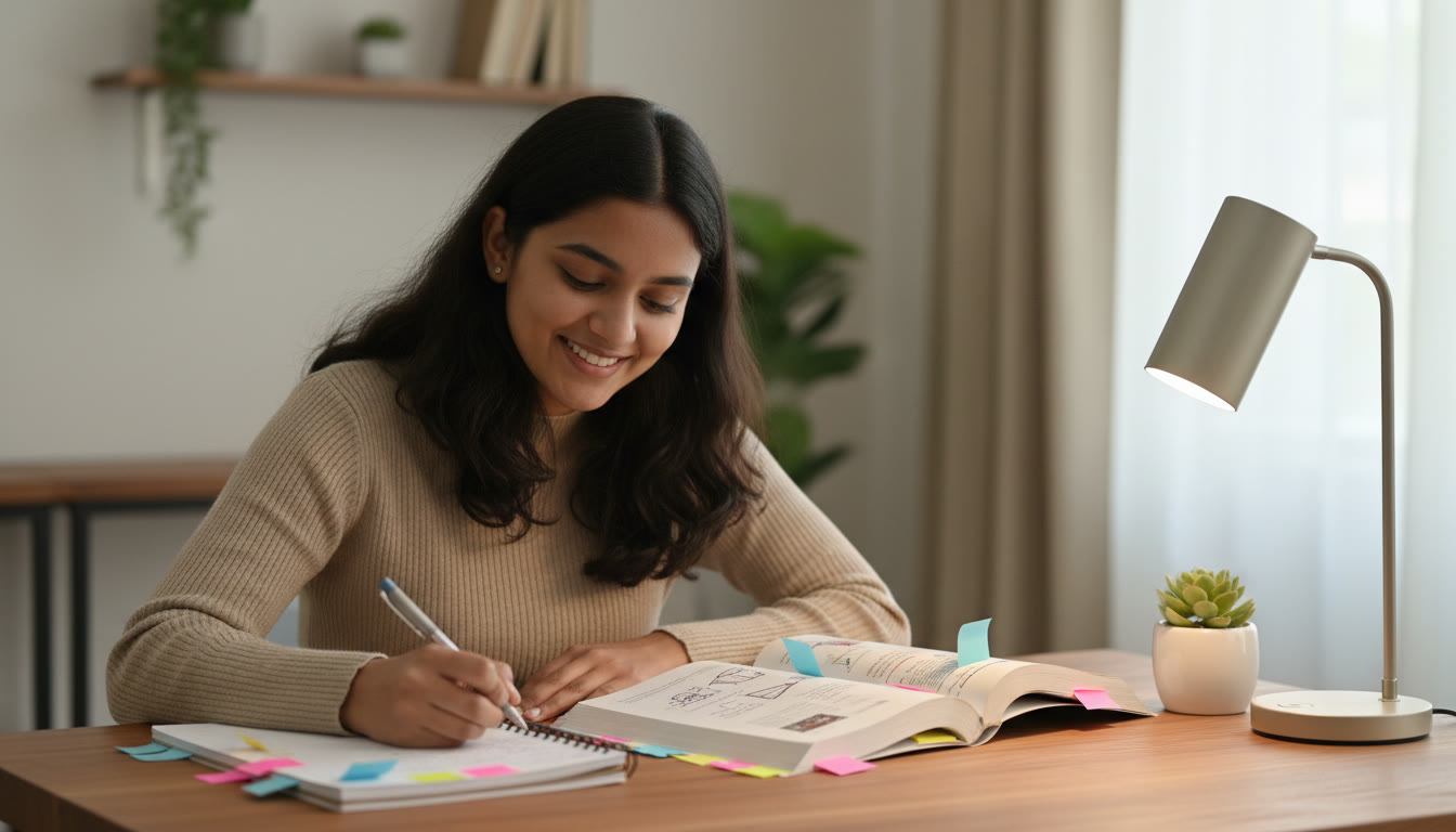 Photo Idea : A focused student at a study desk with an open textbook, notebook with margin notes, and colourful sticky tabs