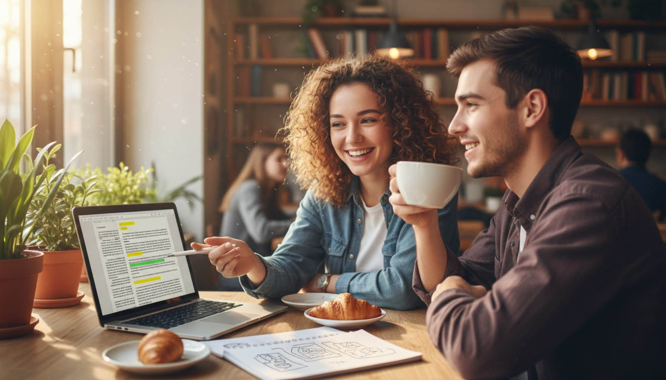 Photo Idea : Two students discussing a TOK essay draft over coffee, with a laptop showing highlighted text