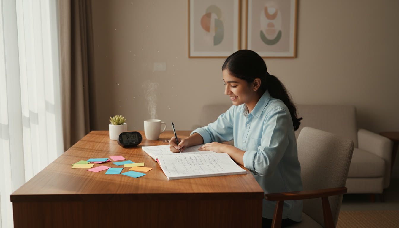 Photo Idea : A focused student at a desk solving JEE-style problems with a notebook, stopwatch, and scattered concept cards