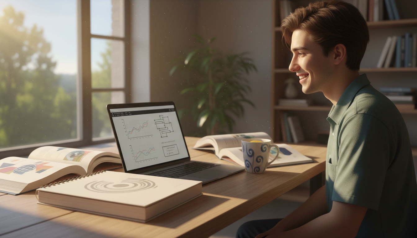 Photo Idea : A focused student sitting at a desk with IB materials, a laptop, a notebook, and a cup of tea, sunlight through a window