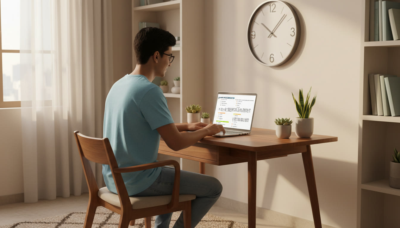 Photo Idea : A focused student at a desk doing a full-length mock test on a laptop with a visible wall clock showing time management.