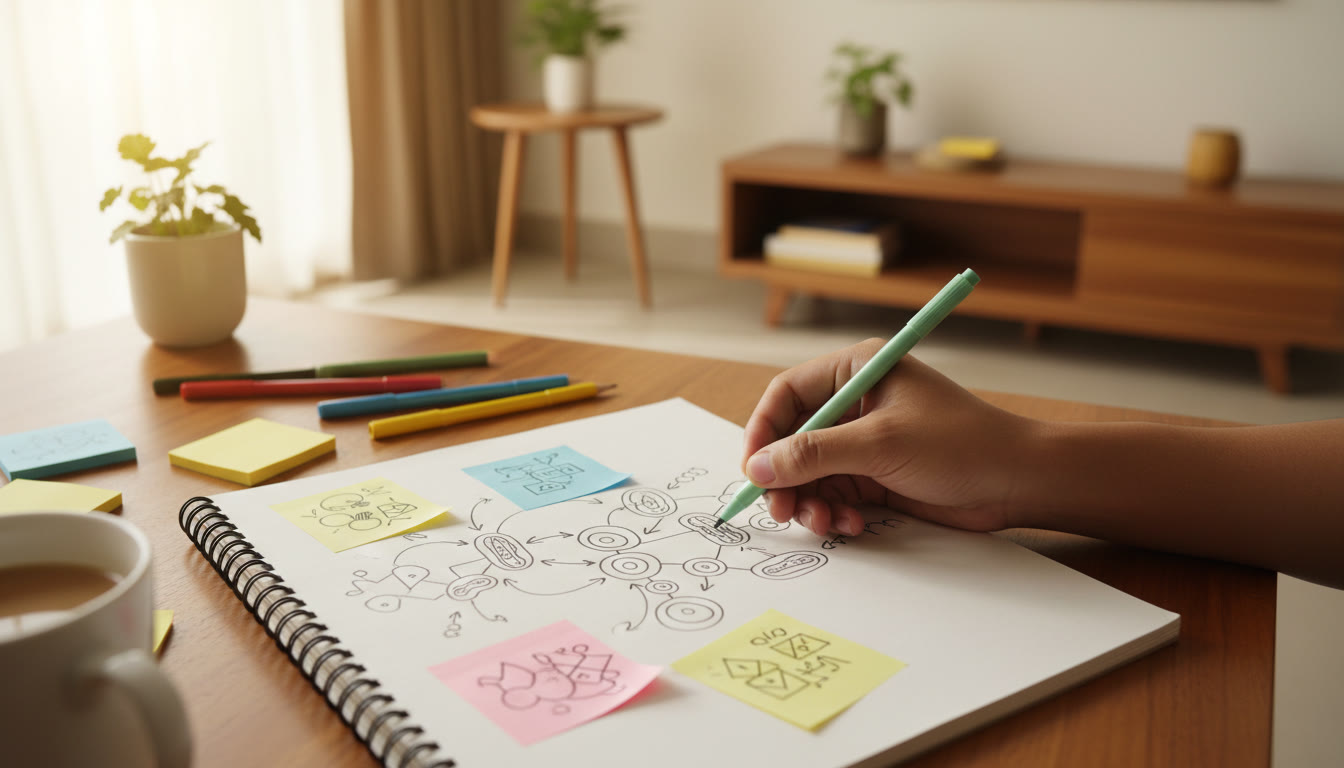 Photo Idea : Close-up of a hand sketching a biology diagram with colored pens and sticky revision notes