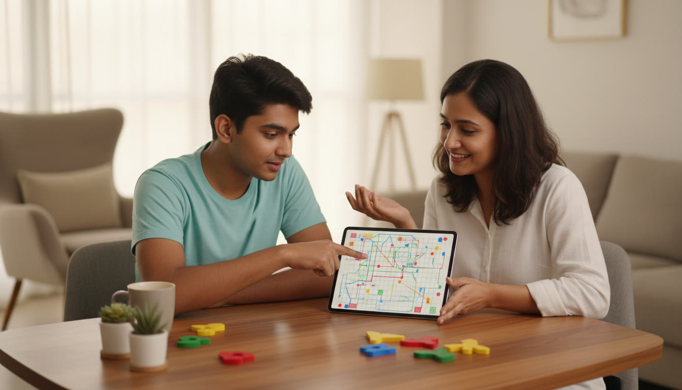 Photo Idea : A student and a tutor discussing a mock test error log on a tablet with colorful annotations