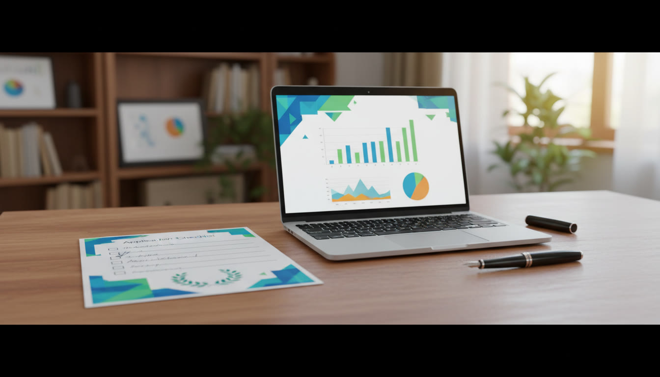 Photo Idea : Neatly organized application checklist on a desk next to a laptop and pen